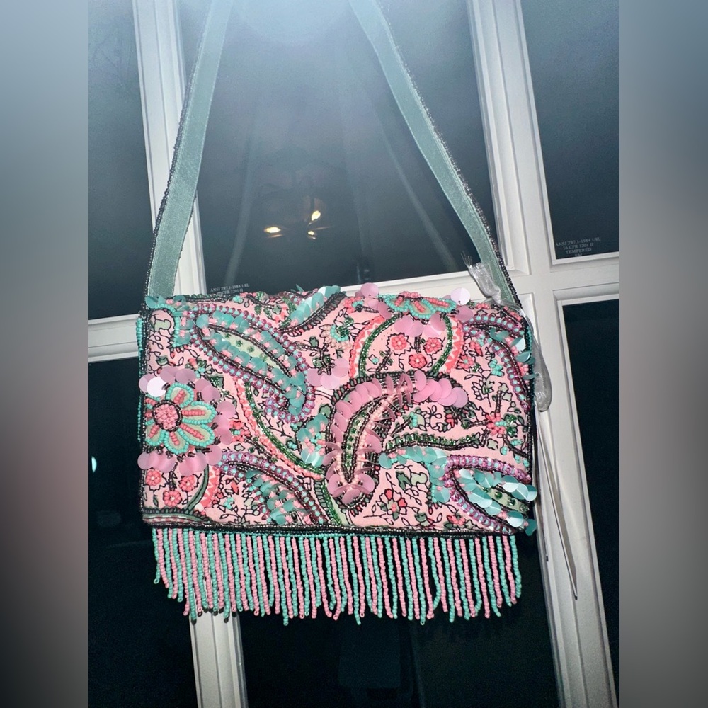 Paisley Pink and Green Flower Beaded Bag